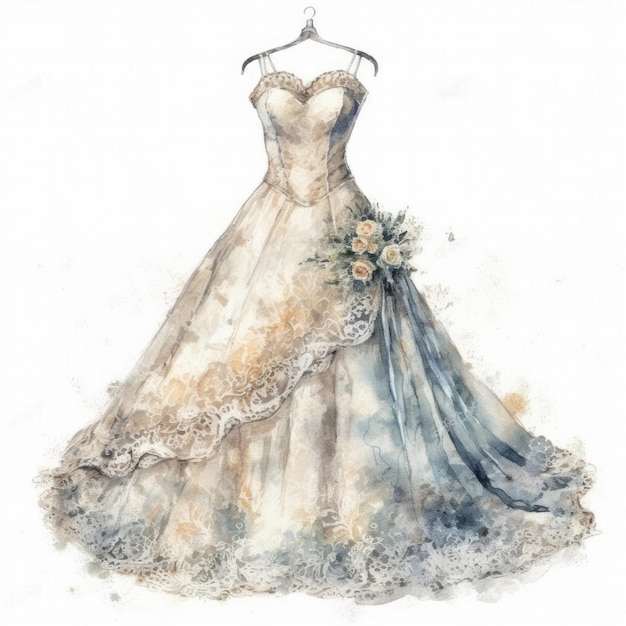 A watercolor painting of a wedding dress