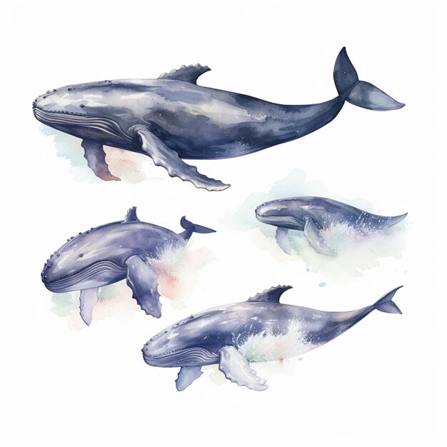 A watercolor painting of a whale and the word whale.