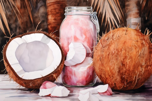Watercolor painting of what are the dietary benefits of coconut fruit
