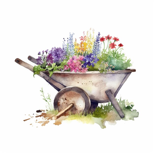 Photo a watercolor painting of a wheelbarrow with flowers.