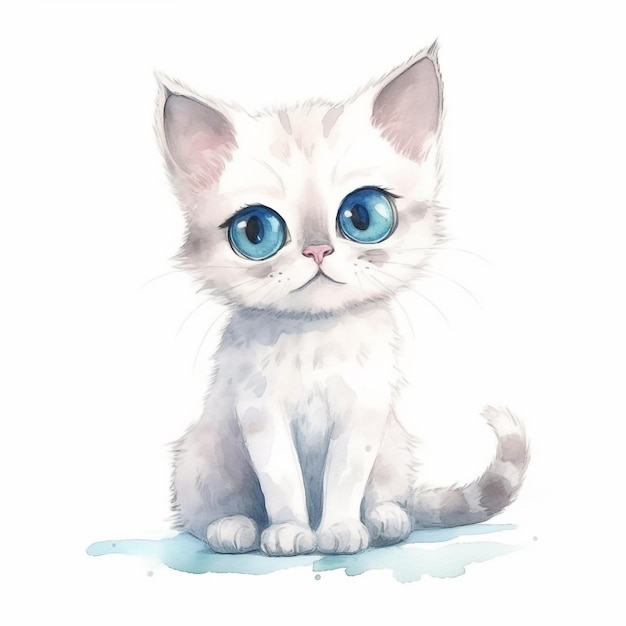 Акварельная картина белого британского короткошерстного котенка с голубыми глазами сидит на белой поверхности.
