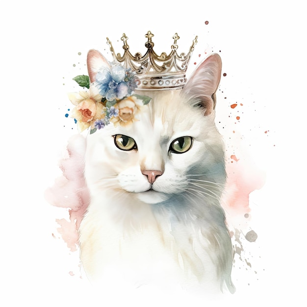 Watercolor painting of a white cat with a floral wreath and crown