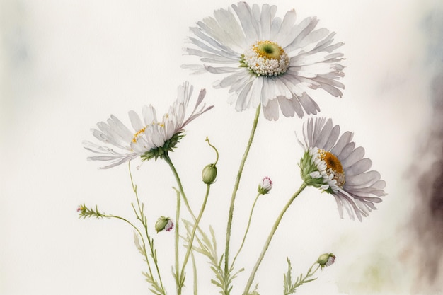 Watercolor painting of white daisies on a white background close up