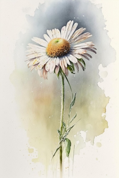 A watercolor painting of a white daisy with a green stem.