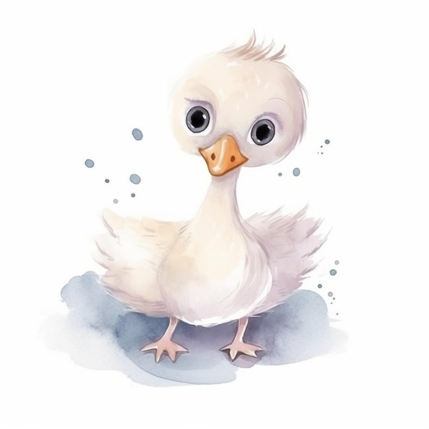 Watercolor painting of a white duck with big eyes