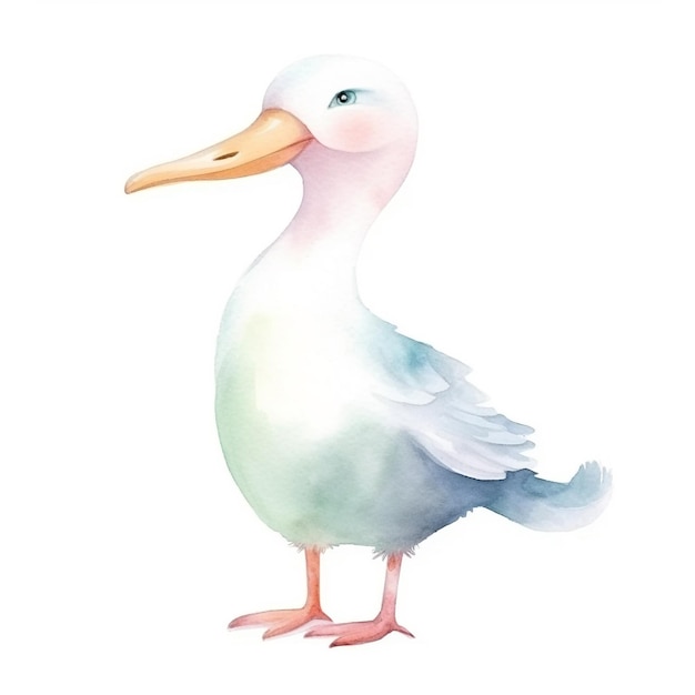 A watercolor painting of a white duck with a blue eye.