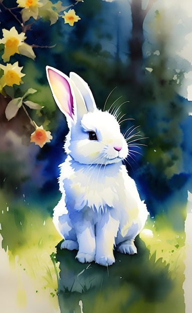 Watercolor painting of a white Easter bunny in a spring scenery
