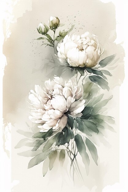 A watercolor painting of white flowers with green leaves.