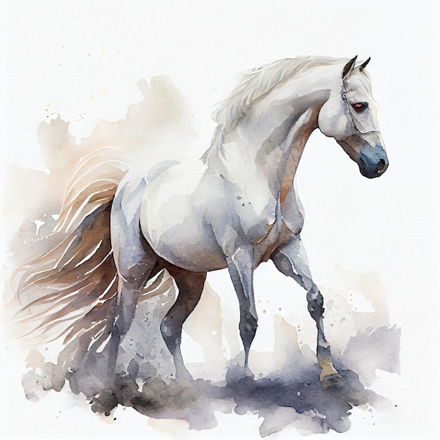「言葉」と書かれた尾を持つ白い馬の水彩画。