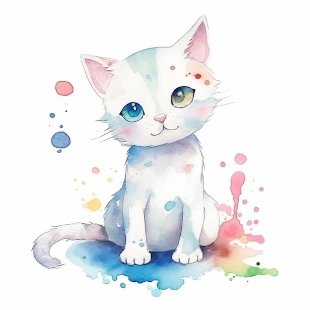 A watercolor painting of a white kitten with blue eyes sits in front of colorful drops.