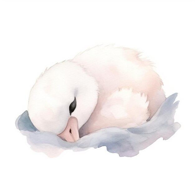 A watercolor painting of a white swan with a black nose.