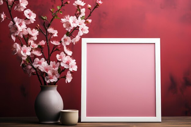  ⁇ 색 나무 프레임 과 분홍색 배경 에 있는  ⁇ 색 꽃 의 수채화 그림
