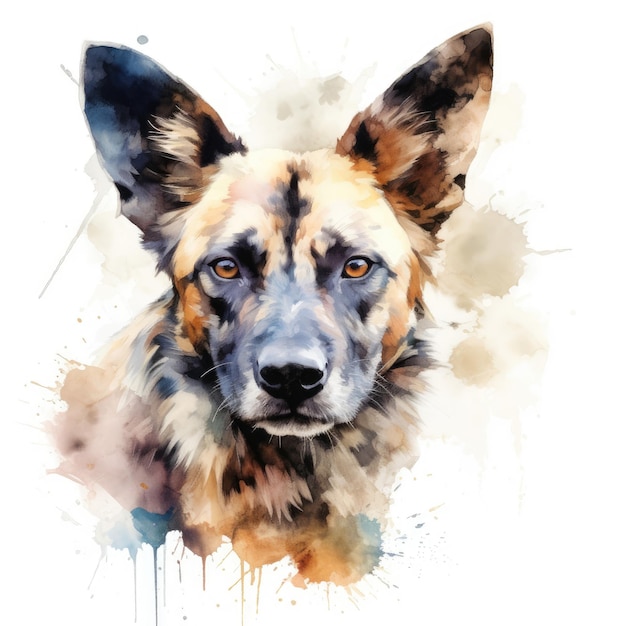 Watercolor painting of wild dog with white background