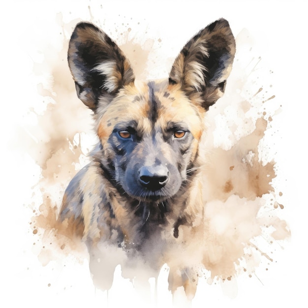 Watercolor painting of wild dog with white background