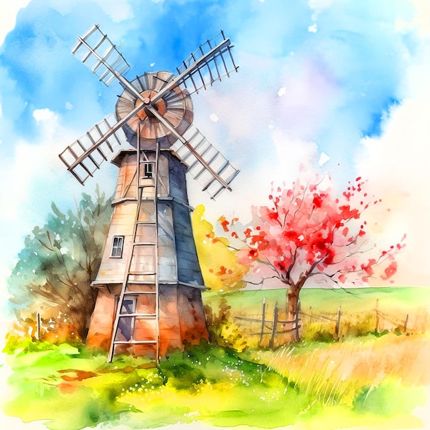 Photo a watercolor painting of a windmill in a field with a tree in the background