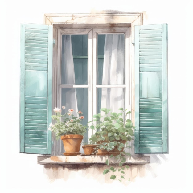 Watercolor painting of a window with flowers in a vase