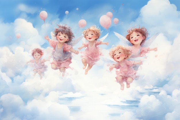 Watercolor painting of winged cherubs floating in a sky filled with hearts and soft clouds