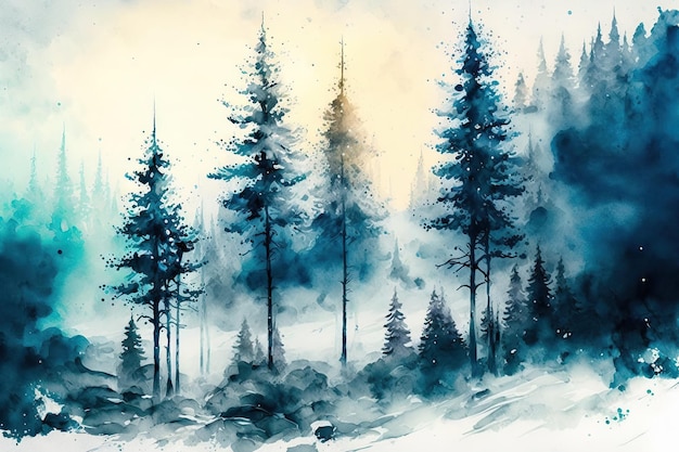 Watercolor painting of a winter forest amid the fog