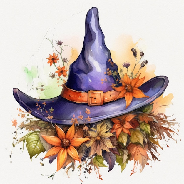 A watercolor painting of a witch hat with a orange band and flowers.