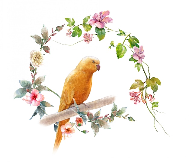 Watercolor painting with bird and flowers, 