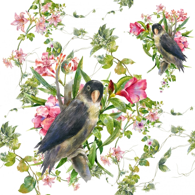 Watercolor painting with birds and flowers, seamless pattern on white