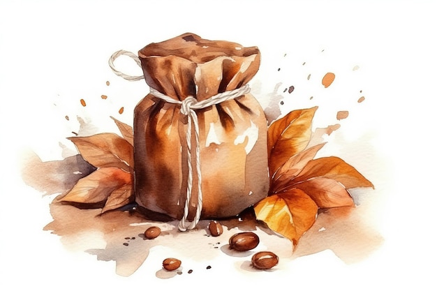 watercolor painting with a small nice bag of coffee with autumn Leaves generative AI