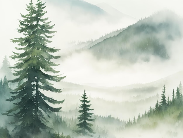 Watercolor painting with spruce trees in morning mist