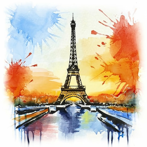 Watercolor painting with water ink splash of Eiffel tower in autumn time