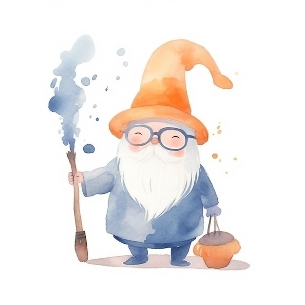 A watercolor painting of a wizard with a hat and a broom.