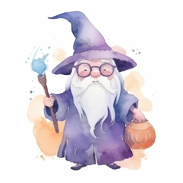 A watercolor painting of a wizard with a magic wand.