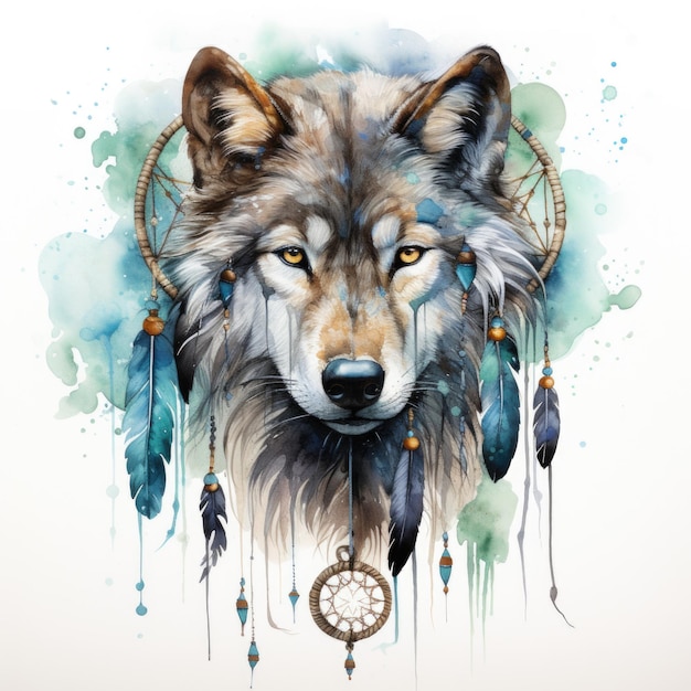 A watercolor painting of a wolf with a dream catcher