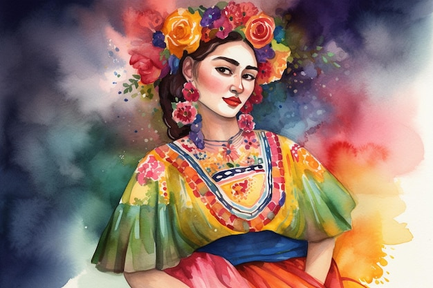 Акварельная картина женщины в ярком платье с цветами на голове.