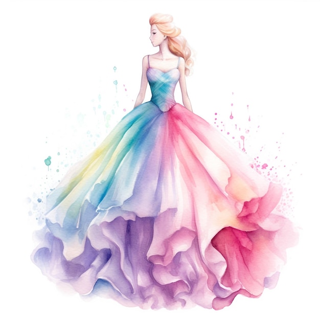 A watercolor painting of a woman in a dress that says " rainbow ".