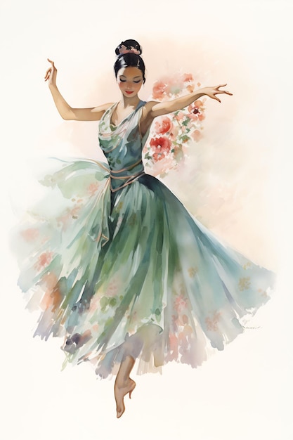 a watercolor painting of a woman in a green dress with flowers and a blue dress