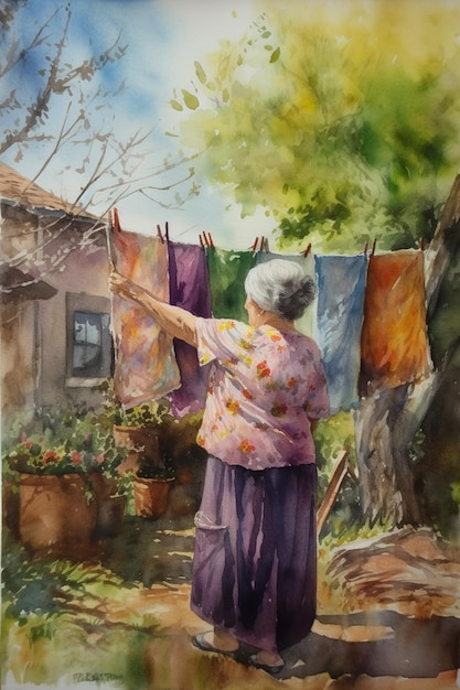 A watercolor painting of a woman hanging on a clothesline