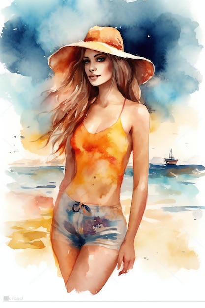 A watercolor painting of a woman in a hat and shorts