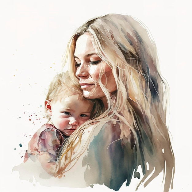 A watercolor painting of a woman holding a baby.