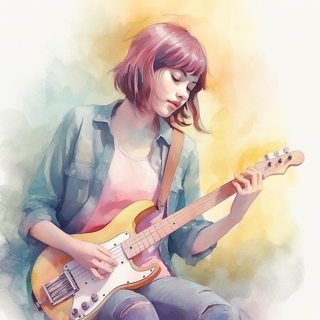 A watercolor painting of a woman playing a guitar.