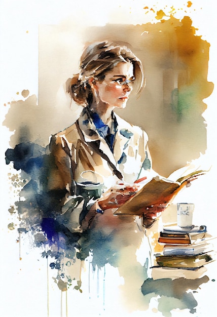 A watercolor painting of a woman reading a book.