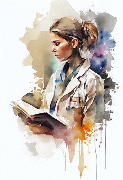 Watercolor painting of a woman reading a book.