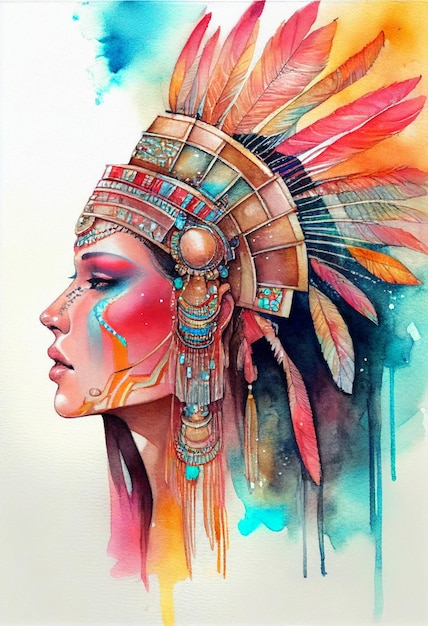 Watercolor painting of a woman wearing an indian headdress generative ai