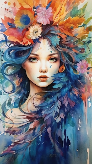 A watercolor painting of a woman with blue hair and flowers.