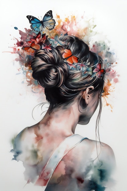 A watercolor painting of a woman with a bun and flowers on her hair.