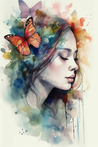 Watercolor painting of a woman with a butterfly on her head