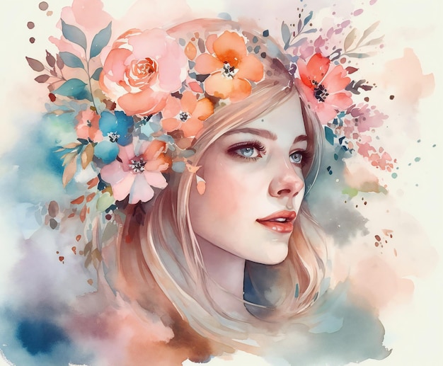 A watercolor painting of a woman with flowers on her head