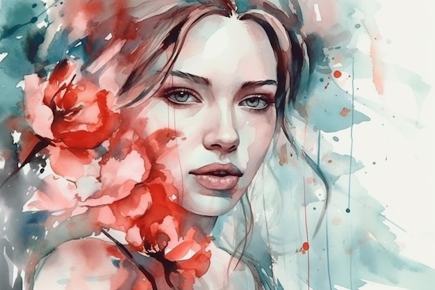 Watercolor painting of a woman with flowers