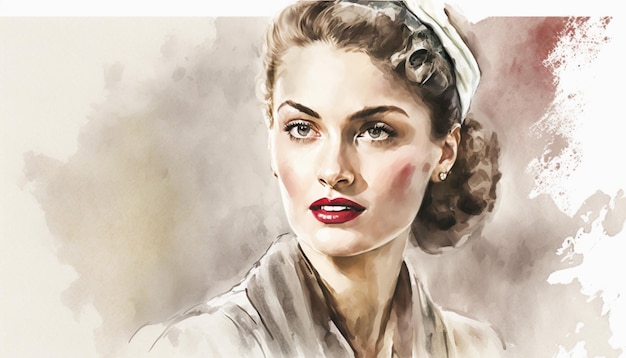 A watercolor painting of a woman with a red lipstick on her lips.