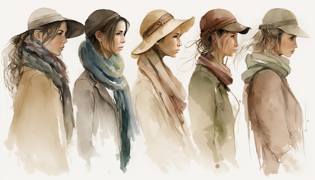 A watercolor painting of women in hats