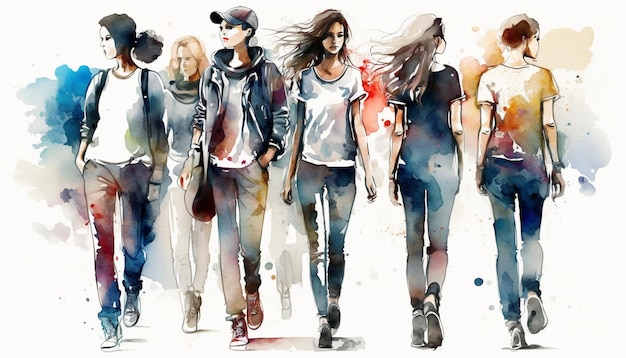 A watercolor painting of women walking in a row