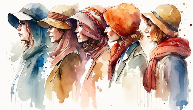 A watercolor painting of women wearing hats